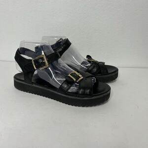 Miz Mooz Nuovo Strappy Black Leather Platform Sandals EU 40 Sz 10 Gold Buckle